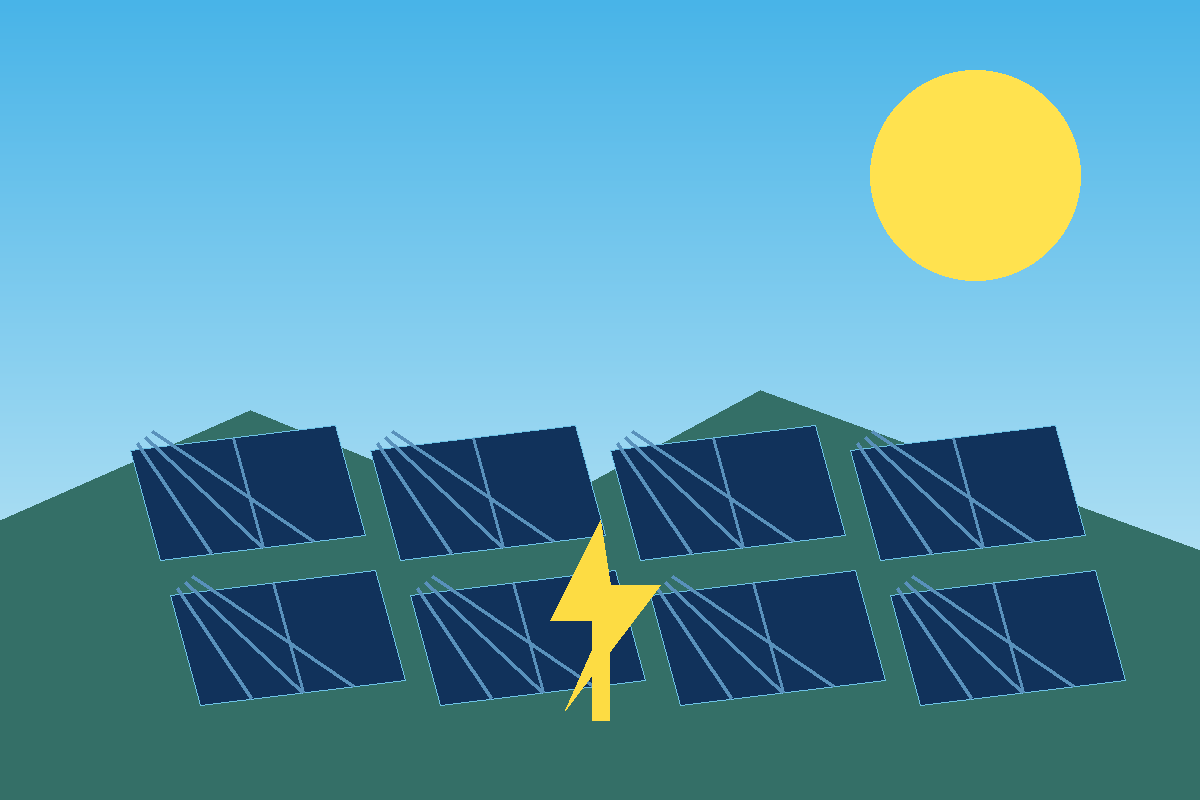 Abstract illustration of solar panels connected to an electrical grid