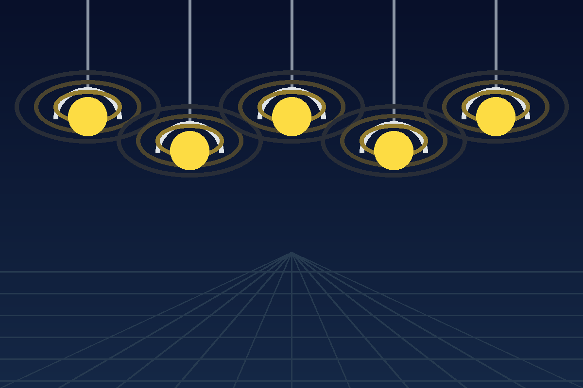 Abstract illustration of energy-efficient pendant lighting in a dark interior