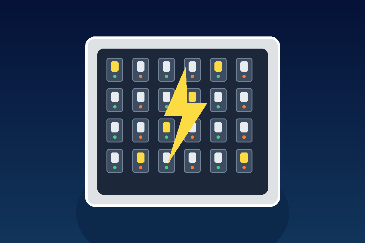 Abstract illustration of an electrical breaker panel with a yellow lightning symbol